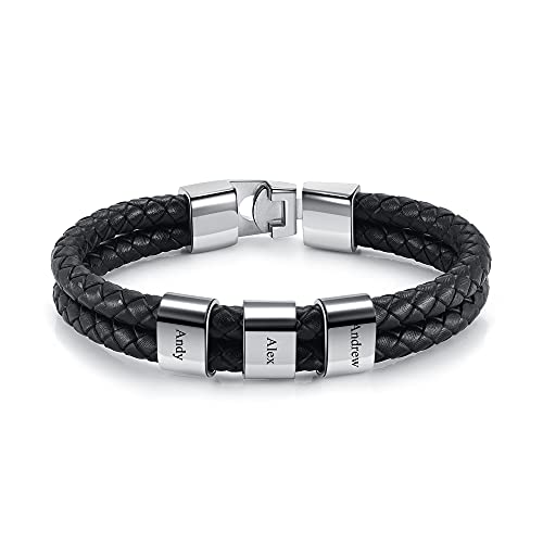 PiercingJak Herren Armband mit Gravur 3 Namen Männer Lederarmband geflochten Schwarz Echtleder Wickel Edelstahl Namensperlen ID Armreif Charm Schmuck Personalisierte Geschenke für Mann von PiercingJak
