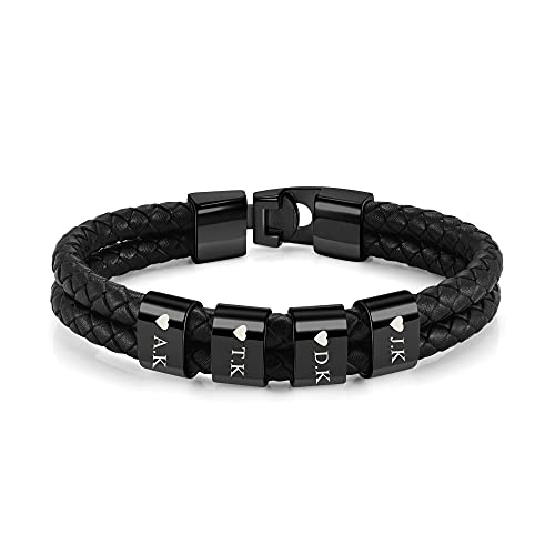 PiercingJak Herren Armband mit Gravur 2-4 Namen Männer Lederarmband geflochten Schwarz Echtleder Wickel Edelstahl Namensperlen ID Armreif Charm Schmuck Personalisierte Geschenke für Mann von PiercingJak