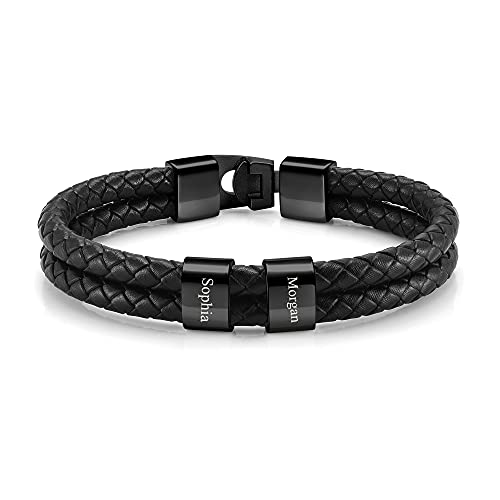 PiercingJak Herren Armband mit Gravur 2 Namen Männer Lederarmband geflochten Schwarz Echtleder Wickel Edelstahl Namensperlen ID Armreif Charm Schmuck Personalisierte Geschenke für Mann von PiercingJak