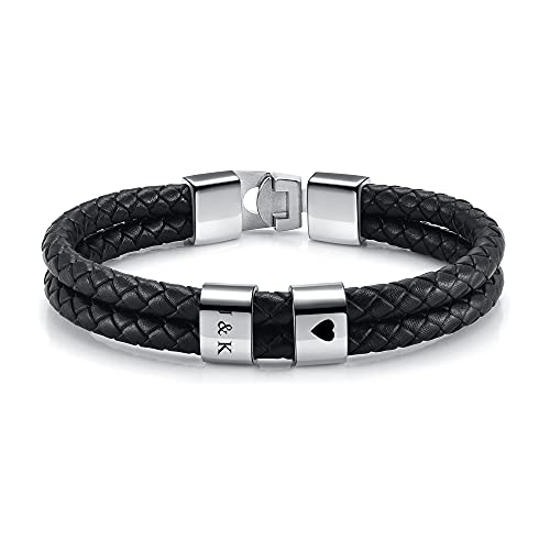 PiercingJak Herren Armband mit Gravur 2-4 Namen Männer Lederarmband geflochten Schwarz Echtleder Wickel Edelstahl Namensperlen ID Armreif Charm Schmuck Personalisierte Geschenke für Mann von PiercingJak