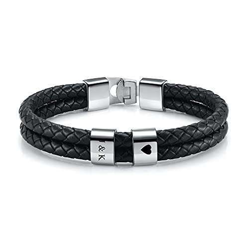 PiercingJak Herren Armband mit Gravur 2 Namen Männer Lederarmband geflochten Schwarz Echtleder Wickel Edelstahl Namensperlen ID Armreif Charm Schmuck Personalisierte Geschenke für Mann von PiercingJak
