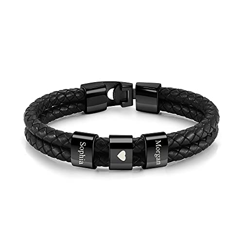 PiercingJak Herren Armband mit Gravur 3 Namen Männer Lederarmband geflochten Schwarz Echtleder Wickel Edelstahl Namensperlen ID Armreif Charm Schmuck Personalisierte Geschenke für Mann von PiercingJak