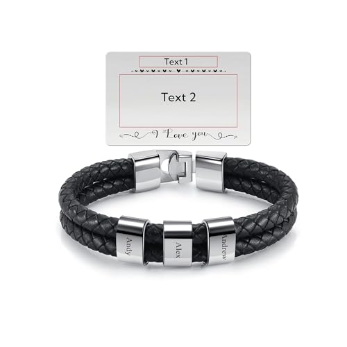 PiercingJak Herren Armband mit Gravur 3 Namen Männer Lederarmband geflochten Schwarz Echtleder Wickel Edelstahl Namensperlen ID Armreif Charm Schmuck Personalisierte Karte Geschenke für Mann von PiercingJak