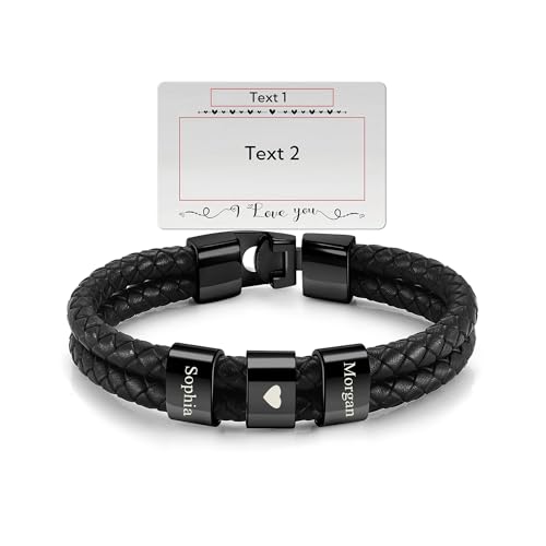 PiercingJak Herren Armband mit Gravur 3 Namen Männer Lederarmband geflochten Schwarz Echtleder Wickel Edelstahl Namensperlen ID Armreif Charm Schmuck Personalisierte Karte Geschenke für Mann von PiercingJak