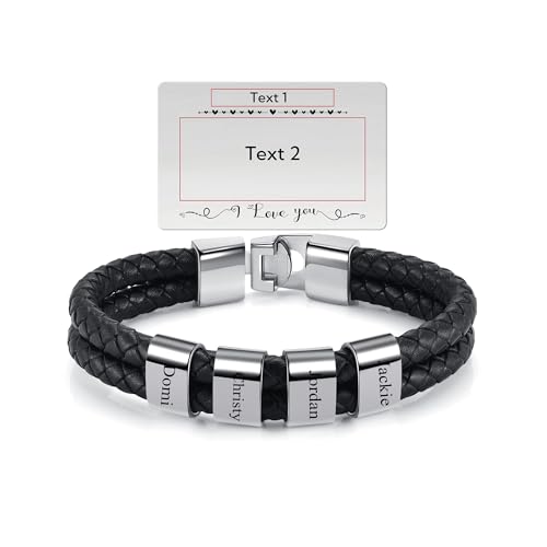 PiercingJak Herren Armband mit Gravur 4 Namen Männer Lederarmband geflochten Schwarz Echtleder Wickel Edelstahl Namensperlen ID Armreif Charm Schmuck Personalisierte Karte Geschenke für Mann von PiercingJak