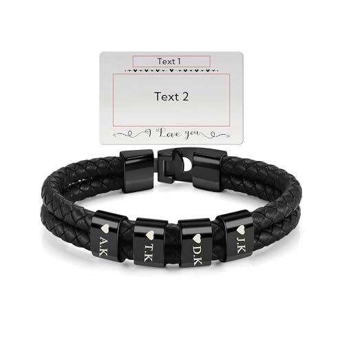 PiercingJak Herren Armband mit Gravur 4 Namen Männer Lederarmband geflochten Schwarz Echtleder Wickel Edelstahl Namensperlen ID Armreif Charm Schmuck Personalisierte Karte Geschenke für Mann von PiercingJak