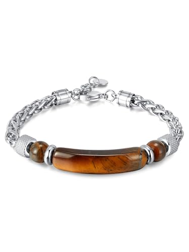 PiercingJak Herren Armband mit Tigerauge echte Natursteine Edelstahl Wheat Kette Armbänder 6mm Armkette Charms Armreif Modeschmuck Spirituelle Geschenke für Männer Junge von PiercingJak