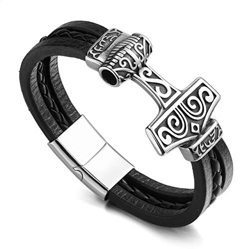 PiercingJak Herren Armband Wikinger Keltischer Knoten Lederarmband Geflochten Echtleder mit Thors Hammer Magnet Armbänder Nordischer Schmuck Vatertag Geschenke für Männer Papa von PiercingJak