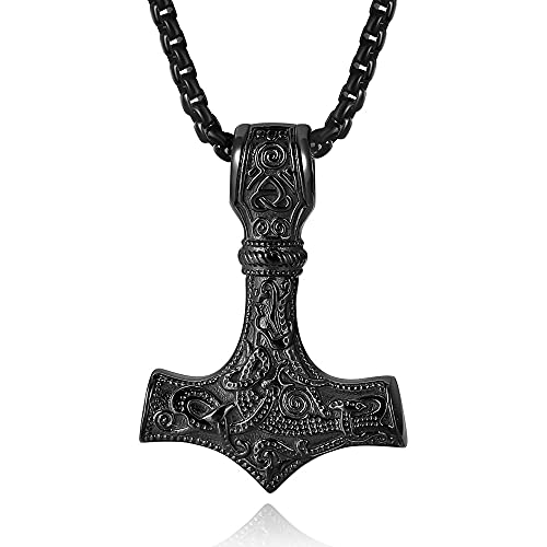 PiercingJak Herren Halskette Thors Hammer Kette mit Wikinger Mjölnir Keltischer Knoten Anhänger Vikings Nordisches Edelstahl Schmuck für Mann, Schwarz von PiercingJak