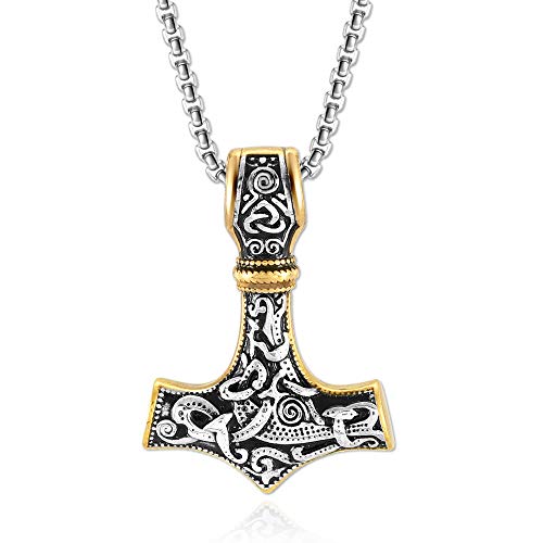 PiercingJak Herren Edelstahl Wikinger Thor Hammer Anhänger Halskette Keltischer Knoten Thors Hammer Ketten-Anhänger mit 24" Kette Motorradfahrer Biker, Silber Gold von PiercingJak