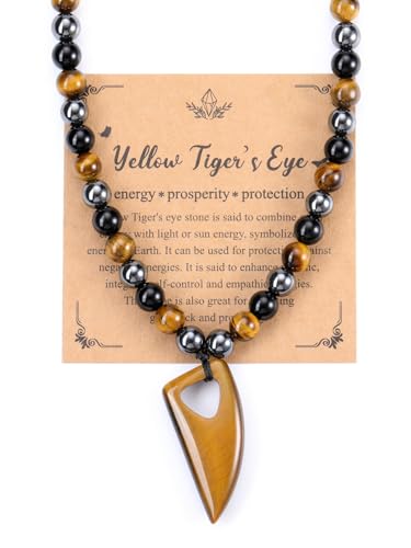 PiercingJak Herren Halskette Tigerauge Wolfszahn Kristall Spitzer Anhänger mit 8mm Obsidian Hämatit Edelsteine Perlen Kette Kristallkette Heilsteine Schmuck Amulett Geschenk für Männer von PiercingJak