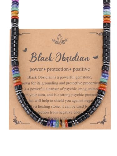 PiercingJak Obsidian Kette Herren Halskette 7 Chakra Steine Perlenkette Männer Kristallkette Edelstein Heilsteine Glück Yoga Schmuck Spirituelle Geschenke für Mann Surfer, 50.8cm von PiercingJak