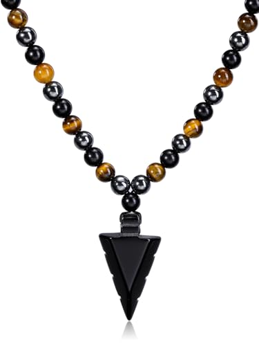 PiercingJak Herren Halskette Obsidian Pfeil Pfeilspitze Anhänger mit 8mm Hämatit Tigerauge Perlen Kette Edelstein Kristallkette Heilsteine Schmuck Amulett Geschenk für Männer von PiercingJak
