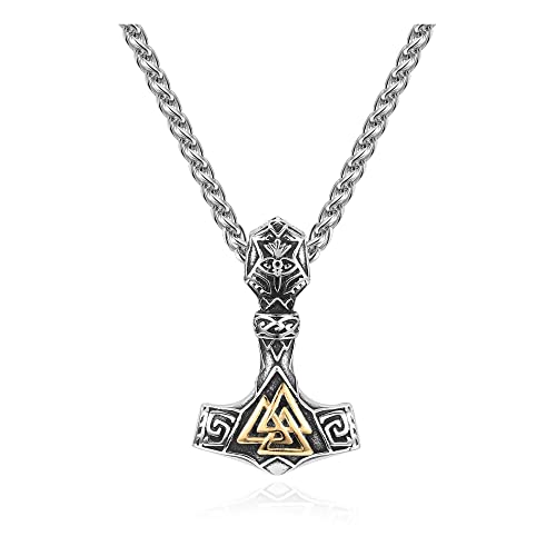 PiercingJak Herren Halskette Thors Hammer Wikinger Kette mit Mjölnir Valknut Keltischer Knoten Edelstahl Anhänger Vintage Nordischer Schmuck Amulett für Männer, Silber von PiercingJak