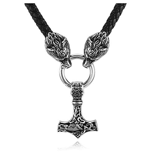 PiercingJak Herren Halskette Thors Hammer Wikinger mit Fenris Wolf Geflochtene Lederkette Edelstahl Mjölnir Keltischer Knoten Anhänger Nordischer Schmuck Amulett, Silber/Schwarz von PiercingJak