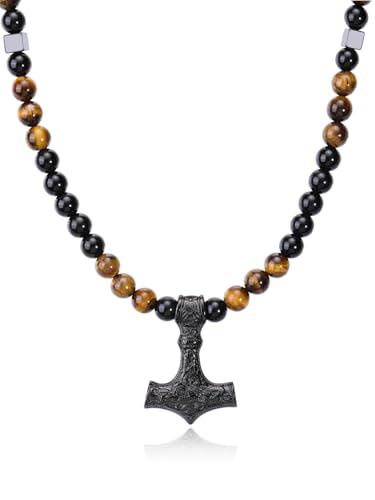 PiercingJak Wikinger Thors Hammer Halskette für Herren Perlenkette Tigerauge Obsidian Kette mit Thor Mjölnir Anhänger Keltischer Knoten Nordisches Schmuck Amulett Geschenk für Männer von PiercingJak