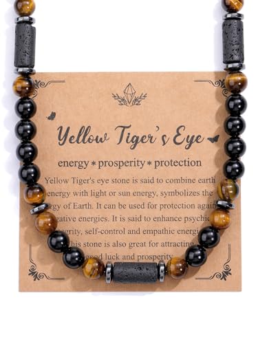 PiercingJak Herren Halskette Tigerauge Obsidian Lavastein Perlen Kette Männer Kristallkette Perlenkette Edelstein Heilsteine Schmuck Amulett Spirituelle Geschenk für Mann, 50.8cm von PiercingJak