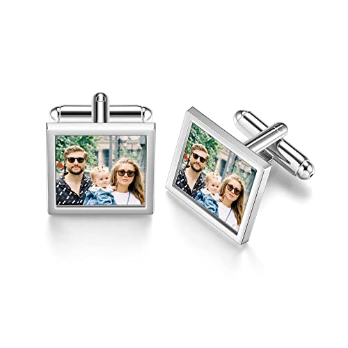 PiercingJak Manschettenknöpfe Herren mit Foto Gravur 1 Paar Metall Manschettenknöpfe Männer Hemden Cufflinks Personalisierte Geschenk für Hochzeit Bräutigam Trauzeugen Jubiläum, Silber von PiercingJak