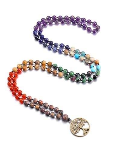 PiercingJak Mala Kette 108 Perlen Gebetskette mit Lebensbaum Charm Anhänger 6mm Naturstein Chakra Perlenkette für Herren Damen Halskette Buddhismus Healing Reiki Yoga Schmuck Spirituelle Geschenke von PiercingJak