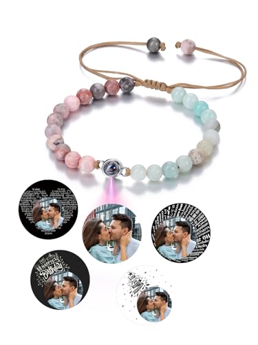 PiercingJak Naturstein Armband mit Bild Projektion Foto im Stein Damen Herren Perlenarmband 6mm Amazonit Pink Zebra Armbänder Heilsteine Schmuck Personalisierte Geschenke für Frauen Männer von PiercingJak