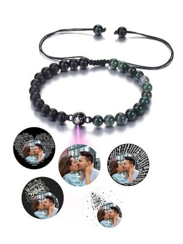 PiercingJak Moosachat Armband mit Bild Projektion Foto im Stein Damen Herren Perlenarmband 6mm Naturstein Armbänder Schwarz Heilsteine Schmuck Personalisierte Geschenke für Frauen Männer von PiercingJak