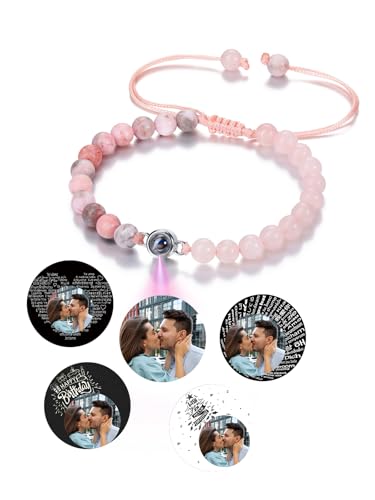 PiercingJak Rosenquarz Armband mit Bild Projektion Foto im Stein Damen Herren Perlenarmband 6mm Pink Zebra Naturstein Armbänder Heilsteine Schmuck Personalisierte Geschenke für Frauen Männer von PiercingJak