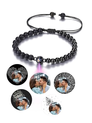 PiercingJak Schwarz Hämatit Achat Armband mit Bild Projektion Foto im Stein Damen Herren Perlenarmband 6mm Naturstein Armbänder Heilsteine Schmuck Personalisierte Geschenke für Frauen Männer von PiercingJak
