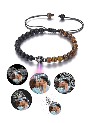 PiercingJak Tigerauge Armband mit Bild Projektion Foto im Stein Damen Herren Perlenarmband 6mm Achat Naturstein Armbänder Schwarz Heilsteine Schmuck Personalisierte Geschenke für Frauen Männer von PiercingJak