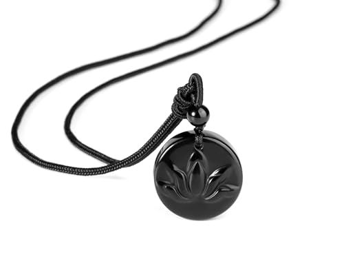 PiercingJak Obsidian Halskette Herren Frauen Kristalle Kette mit Lotus Blume Muster Anhänger Schwarz Heilsteine Talisman Yoga Schmuck Amulett Spirituelle Geschenke für Männer Damen von PiercingJak