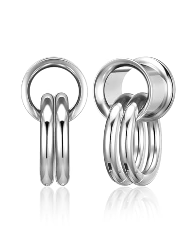 PiercingJak Ohr Flesh Tunnel Double Flared Plug mit Ringen Edelstahl Gewichte Ohrhänger für Gestreckte Expander Ohrpiercing 8mm - 14mm Ohrplugs Punk Schmuck Damen Männer, 1Paar von PiercingJak