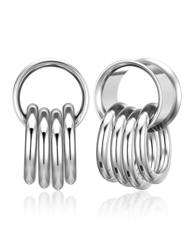 PiercingJak Ohr Flesh Tunnel Double Flared Plug mit Ringen Edelstahl Gewichte Ohrhänger für Gestreckte Expander Ohrpiercing 14mm Ohrplugs Punk Schmuck Damen Männer, 1Paar von PiercingJak