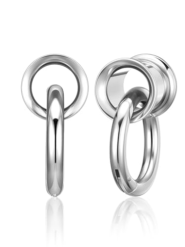 PiercingJak Ohr Flesh Tunnel Double Flared Plug mit Ringen Edelstahl Gewichte Ohrhänger für Gestreckte Expander Ohrpiercing 8mm Ohrplugs Punk Schmuck Damen Männer, 1Paar von PiercingJak