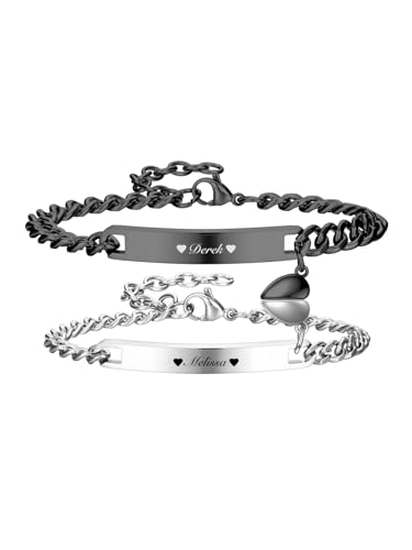 PiercingJak Paar Armbänder Magnetische Partnerarmbänder mit Gravur Herz Kugel Namen Armband Damen Herren Edelstahl Armkette Liebe Freundschaft Personalisierte Geschenke für Partner Pärchen von PiercingJak