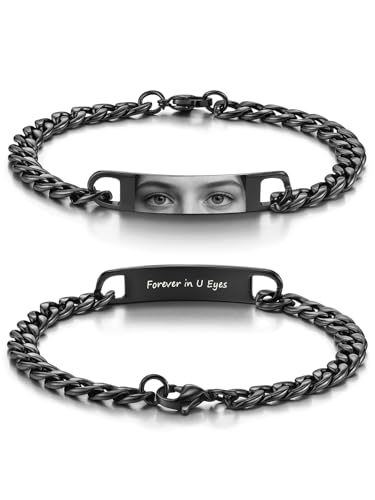 PiercingJak Paar Armband mit Augen Foto Text Gravur Herren Damen Armkette Edelstahl Panzerkette Armbänder Partnerarmbänder Liebe Schmuck Personalisierte Geschenke für Partner Pärchen Liebhaber von PiercingJak