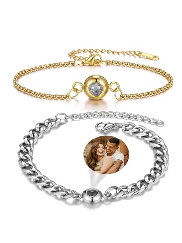 PiercingJak Partner Armbänder Bild Projektion Armband mit Foto im Stein Damen Herren Armkette Edelstahl Panzerkette Armreif Fotoarmband Liebe Schmuck Personalisierte Geschenke für Mann Frauen von PiercingJak