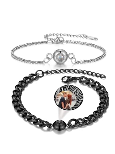 PiercingJak Partner Armbänder Bild Projektion Armband mit Foto im Stein Damen Herren Armkette Edelstahl Panzerkette Armreif Fotoarmband Liebe Schmuck Personalisierte Geschenke für Mann Frauen von PiercingJak