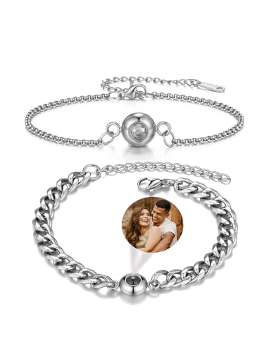PiercingJak Partner Armbänder Bild Projektion Armband mit Foto im Stein Damen Herren Armkette Edelstahl Panzerkette Armreif Fotoarmband Liebe Schmuck Personalisierte Geschenke für Mann Frauen von PiercingJak