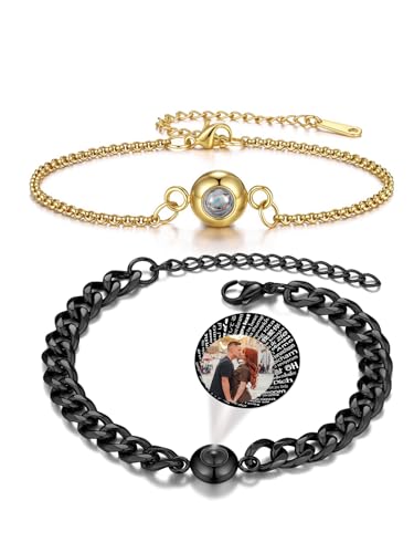 PiercingJak Partner Armbänder Bild Projektion Armband mit Foto im Stein Damen Herren Armkette Edelstahl Panzerkette Armreif Fotoarmband Liebe Schmuck Personalisierte Geschenke für Mann Frauen von PiercingJak