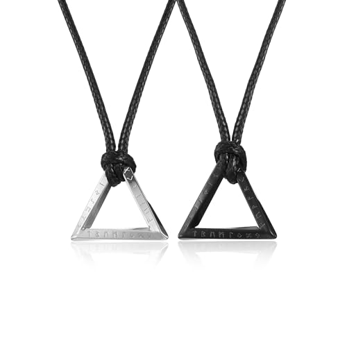PiercingJak Partner Kette Wikinger Rune Halskette für Herren Frauen Geflochtene Lederkette mit Edelstahl Triangel Runen Anhänger Nordische Glück Schmuck Amulett Geschenke für Männer Damen von PiercingJak