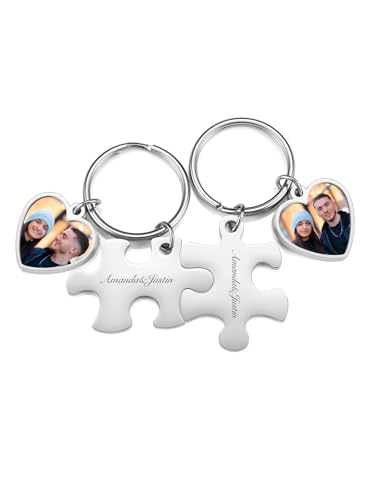 PiercingJak Partner Schlüsselanhänger 2er Set, Puzzle Puzzleteile mit Textgravur Herz Anhänger mit Foto Gravur Personalisierte Liebe Geschenke für Paar Freundin Familie von PiercingJak