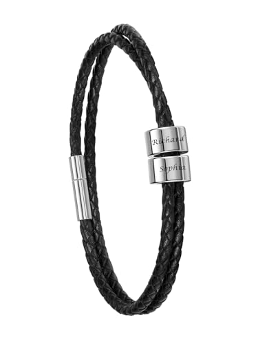 PiercingJak Partnerarmbänder mit Gravur 2 Namen Armband Schwarz Lederarmband geflochten Leder Kette Wickel Edelstahl Namensperlen ID Armreif Personalisierte Geschenke für Partner Mann Familie von PiercingJak
