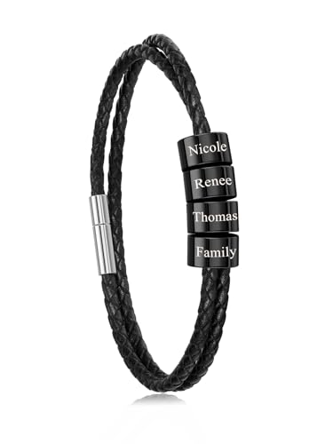 PiercingJak Partnerarmbänder mit Gravur 4 Namen Armband Schwarz Lederarmband geflochten Leder Kette Wickel Edelstahl Namensperlen ID Armreif Personalisierte Geschenke für Partner Frauen Familie von PiercingJak