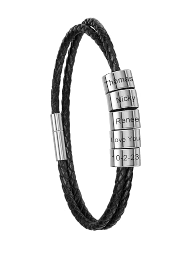 PiercingJak Partnerarmbänder mit Gravur 5 Namen Armband Schwarz Lederarmband geflochten Leder Kette Wickel Edelstahl Namensperlen ID Armreif Personalisierte Geschenke für Partner Frauen Familie von PiercingJak