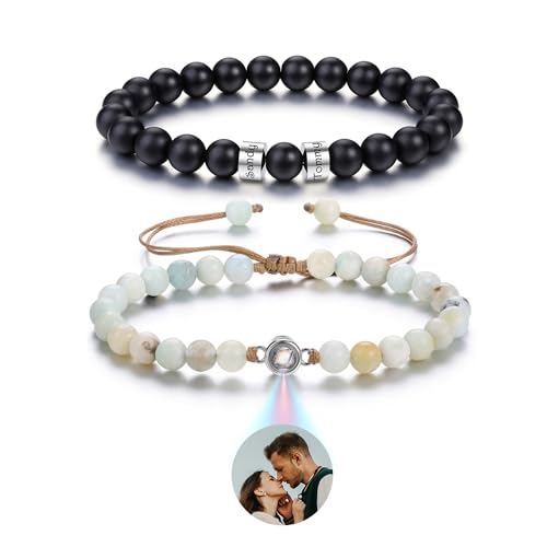PiercingJak Partnerarmbänder mit Gravur Bild Projektion Armband mit Foto im Stein Damen Herren Namen Perlen Armbänder 2er Set Edelstein Liebe Schmuck Personalisierte Geschenke für Partner Paar von PiercingJak