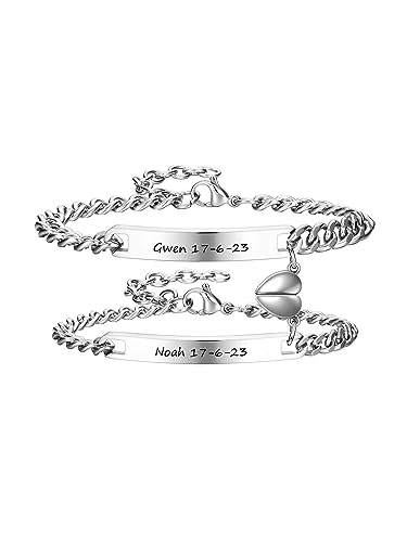 PiercingJak Paar Armbänder Magnetische Partnerarmbänder mit Gravur Herz Kugel Namen Armband Damen Herren Edelstahl Armkette Liebe Freundschaft Personalisierte Geschenke für Partner Pärchen von PiercingJak