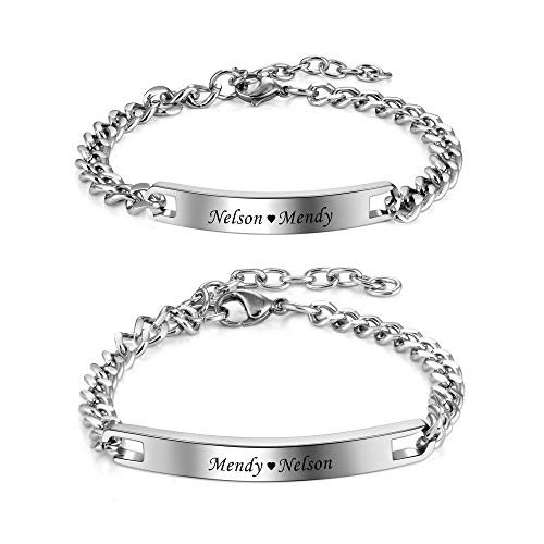 PiercingJak Partnerarmbänder mit Gravur Namen ID Armband Damen Herren Armkette Edelstahl Curb Kette Panzerkette Armbänder für 2 Paar Partner Pärchen, Silber von PiercingJak