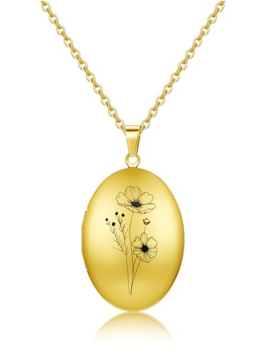 PiercingJak Personalisierte Foto Halskette Gold Geburtsblume Kette mit Gravur Oval Bilder Medaillon zum öffnen Amulett Anhänger Blume Muster Geburtstag Geschenke für Damen von PiercingJak