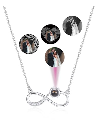 PiercingJak Personalisierte Halskette Bild Projektion Kette mit Foto im Stein Infinity Unendlichkeitszeichen Anhänger Liebe Freundschaft Schmuck Süße Geschenke für Damen Frauen Mädchen Freundin von PiercingJak