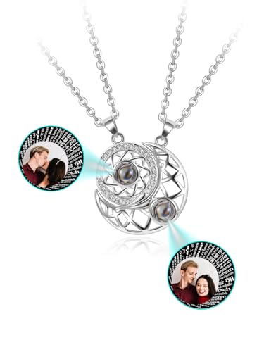 PiercingJak Personalisierte Halskette mit Bild Projektion Partner Kette mit Foto Sonne Mond Paare Anhänger Freundschaft Geschenk für Freundin Pärchen, 100 Sprachen Ich Liebe Dich von PiercingJak