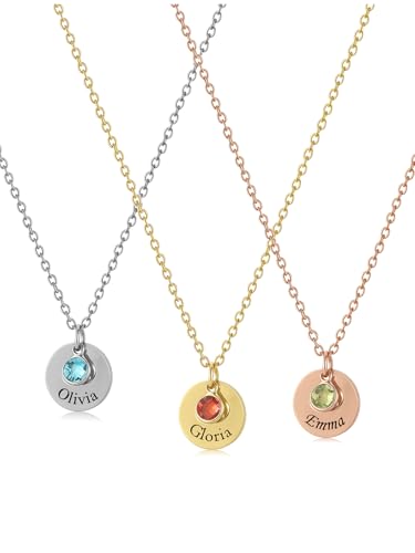 PiercingJak Personalisierte Namenskette mit Gravur und Kristall Geburtsstein Gold Edelstahl Kette mit Namen Buchstaben Initialen Halskette Geburtstag Geschenke für Frauen Mädchen von PiercingJak